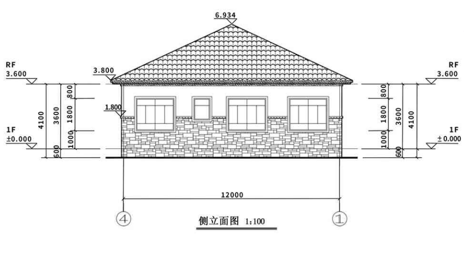 单层欧式轻钢别墅侧立面图
