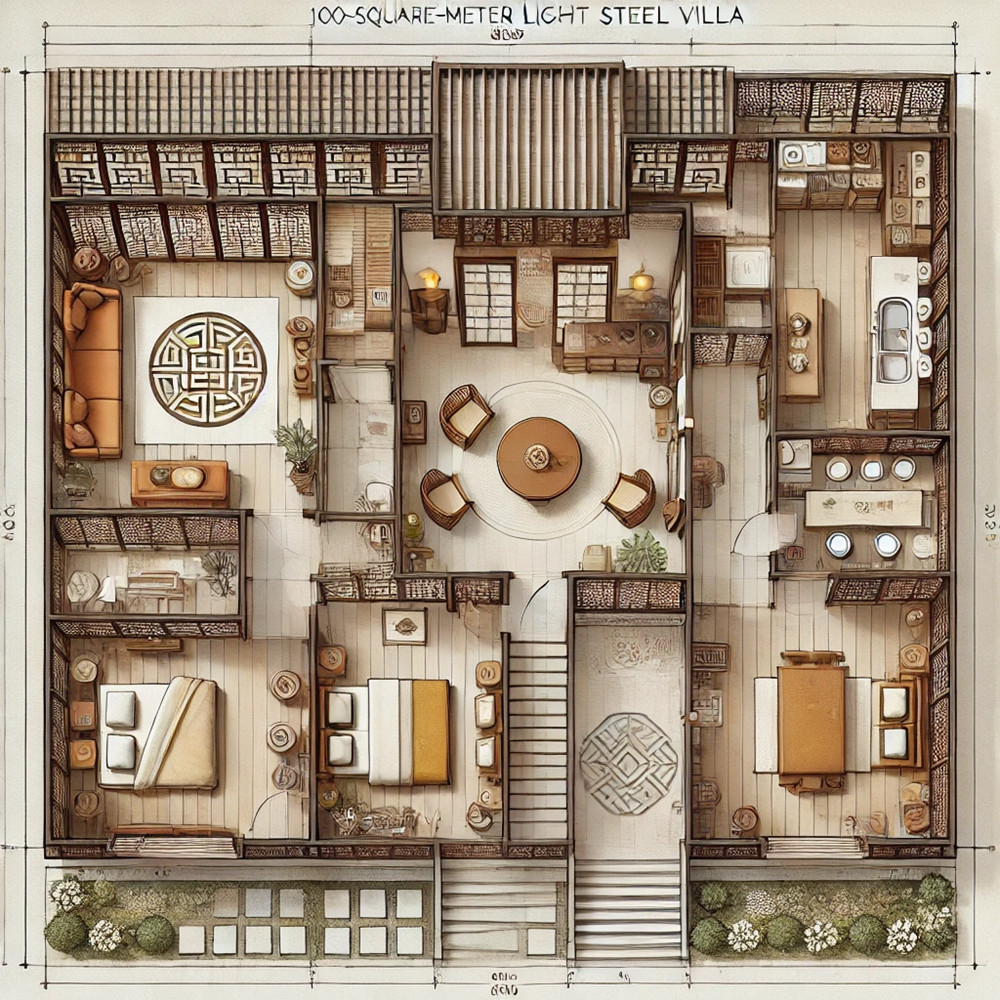 150平方米中式轻钢别墅内部布局立体图
